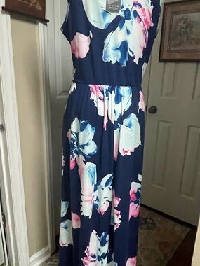 NWTs Navy Floral Maxi Dress with Pink & Light Blue Blooms and Side Pockets